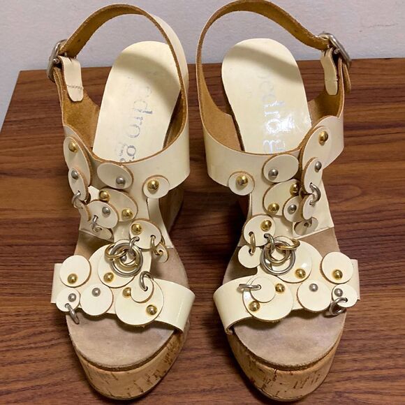 Pedro Garcia Sandal with Cork Wedge, Ankle Strap and Circle Ornaments. Size 38.5 - Picture 1 of 10